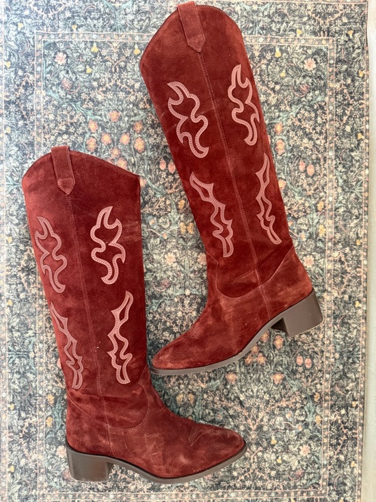 Sezane Shoes - Sezane Burgundy Suede Western Knee-High Boots